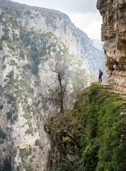 man on the top of a mountain, looking at the view